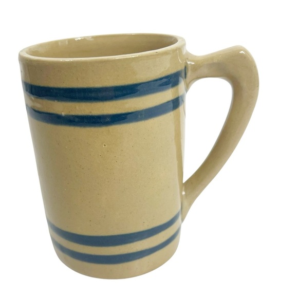 VINTAGE BUCKEYE Pottery Mug Tan Yellowware with Blue Stripes - Picture 2 of 5